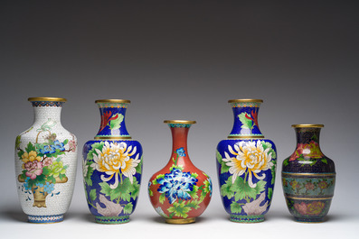 A varied collection of Chinese cloisonn&eacute; vases with floral design, 20th C.