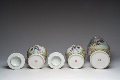 A Chinese famille rose yellow-ground baluster vase and a pair of vases and covers with animated scenes, Qianlong marks, Republic, 20th C.