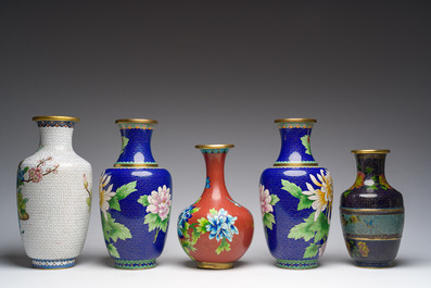 A varied collection of Chinese cloisonn&eacute; vases with floral design, 20th C.