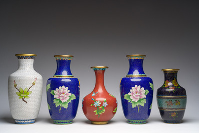 A varied collection of Chinese cloisonn&eacute; vases with floral design, 20th C.