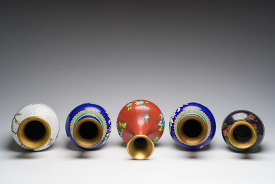 A varied collection of Chinese cloisonn&eacute; vases with floral design, 20th C.
