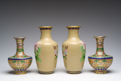 A varied collection of Chinese cloisonn&eacute; vases with floral design, 20th C.