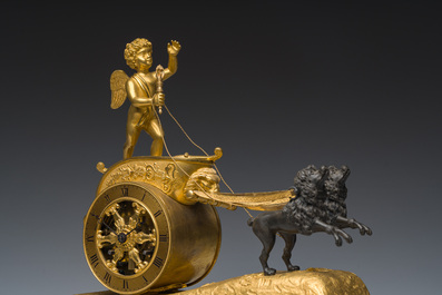 A French gilt and patinated bronze 'Cupid&rsquo;s chariot' mantel clock, 19th C.