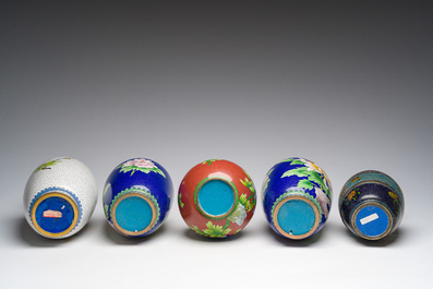 A varied collection of Chinese cloisonn&eacute; vases with floral design, 20th C.