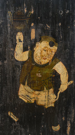 Two black lacquered and polychrome decorated wooden doors with boys holding a vase and a censer, Tibet, 19th C.