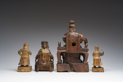 Four Chinese partially gilt and lacquered wooden 'Immortals' figures, a.o. Guandi, Qing