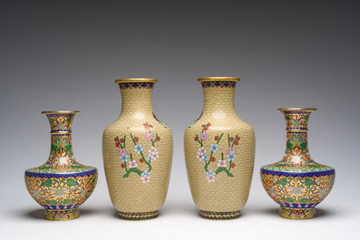 A varied collection of Chinese cloisonn&eacute; vases with floral design, 20th C.