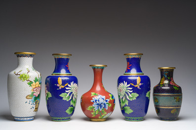 A varied collection of Chinese cloisonn&eacute; vases with floral design, 20th C.