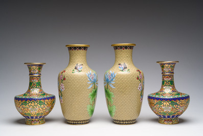 A varied collection of Chinese cloisonn&eacute; vases with floral design, 20th C.