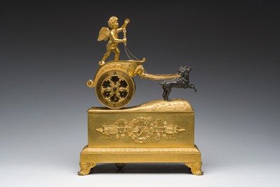 A French gilt and patinated bronze 'Cupid&rsquo;s chariot' mantel clock, 19th C.