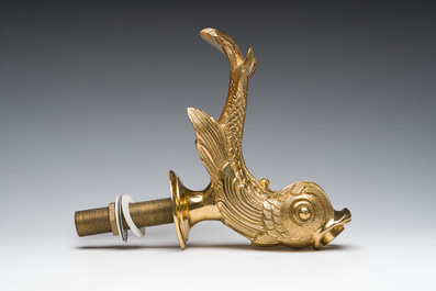 An Italian gilt bronze dolphin-shaped tap and two associated tap buckles, 20th C.