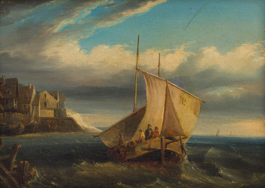 &Eacute;cole belge, monogramm&eacute; (E.P.&nbsp;?): Paire de marines anim&eacute;es, huile sur toile, 19&egrave;me si&egrave;cle