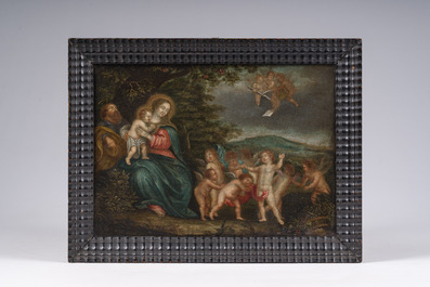 Vlaamse school, navolger van Pieter van Avont (1600-1652): Rust op de vlucht naar Egypte, olie op koper, 17de eeuw