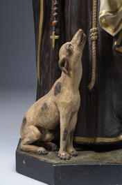 Een grote polychroom gedecoreerde plaasteren figuur van de Heilige Margaretha met haar hond, 19de/20ste eeuw