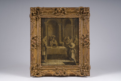 Vlaamse school, onleesbaar gesigneerd: Het brengen van de geschenken, olie op paneel, ca. 1600