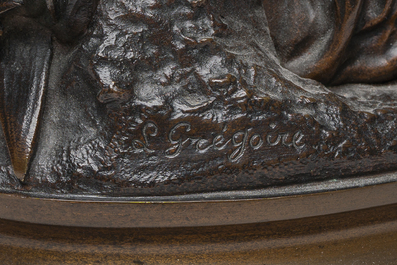 Jean-Louis Gr&eacute;goire (1840-1890): Het lessen van de dorst, bruingepatineerd brons op een vert de mer marmeren basis