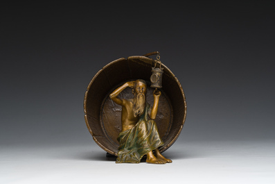 Franz Xaver Bergmann (1861-1936): Een Weens polychroom koud beschilderde bronzen figuur van Diogenes van Sinope in zijn ton