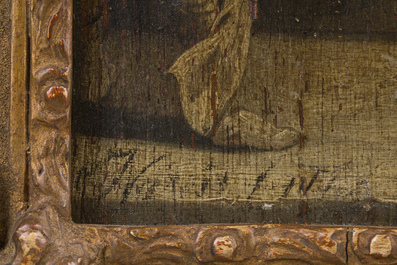 Vlaamse school, onleesbaar gesigneerd: Het brengen van de geschenken, olie op paneel, ca. 1600