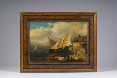 &Eacute;cole belge, monogramm&eacute; (E.P.&nbsp;?): Paire de marines anim&eacute;es, huile sur toile, 19&egrave;me si&egrave;cle