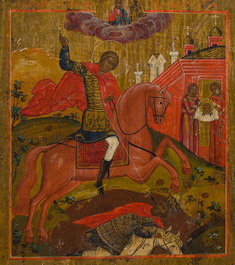 Een grote Russisch-orthodoxe 'Mirakel van Sint-Demetrius' icoon, 19de eeuw