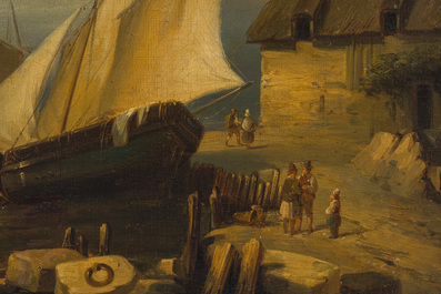 &Eacute;cole belge, monogramm&eacute; (E.P.&nbsp;?): Paire de marines anim&eacute;es, huile sur toile, 19&egrave;me si&egrave;cle