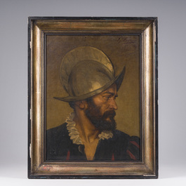 Louis Joseph Lebrun (1844-1900): Portret van een soldaat (conquistador) in profiel, olie op doek, gedateerd 1877