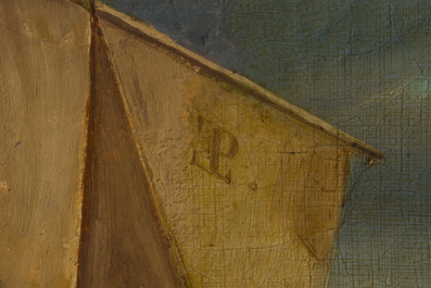 &Eacute;cole belge, monogramm&eacute; (E.P.&nbsp;?): Paire de marines anim&eacute;es, huile sur toile, 19&egrave;me si&egrave;cle