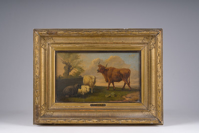 Paulus Potter (1625-1654, navolger van): Schapen en een stier in een landschap, olie op doek, 19de eeuw
