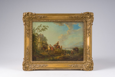 School van de Nederlanden, gemonogrammeerd H.E.: De aankomst van de ruiters bij de stadspoort, olie op doek, laat 18de eeuw