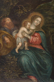 Vlaamse school, navolger van Pieter van Avont (1600-1652): Rust op de vlucht naar Egypte, olie op koper, 17de eeuw