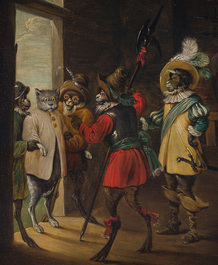 Abraham Teniers (1629-1670, attributed to): Monkeys in a guardroom interior, oil on panel