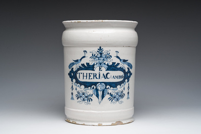 An exceptionally large Dutch Delft blue and white 'Theriac' pharmacy jar, 18th C.