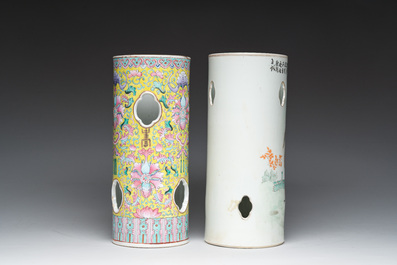 Two Chinese reticulated famille rose and qianjiang cai hat stands with figures in a landscape and floral design, 19th/20th c.
