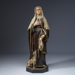Een grote polychroom gedecoreerde plaasteren figuur van de Heilige Margaretha met haar hond, 19de/20ste eeuw