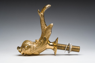 An Italian gilt bronze dolphin-shaped tap and two associated tap buckles, 20th C.