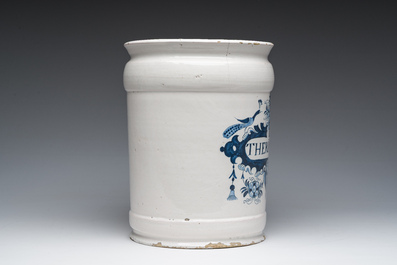 An exceptionally large Dutch Delft blue and white 'Theriac' pharmacy jar, 18th C.