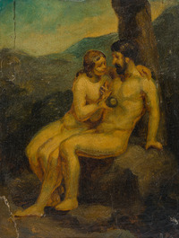 French school, in the manner of Jean Jacques Henner (1829-1905): Adam and Eve in the Garden of Eden, oil on panel, 19th/20th C.