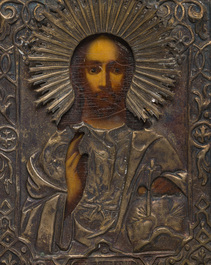 Two Russian orthodox 'Our Lady' and 'Christ Pantocrator' icons, 19th/20th C.