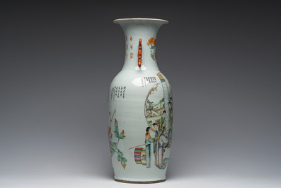 A Chinese qianjiang cai double design vase with an audience and a bird among blossoming branches, 19th/20th C.
