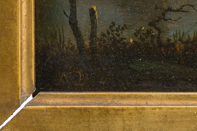 Dutch school, monogrammed AVDN, follower of Aert van der Neer (1603-1677): River landscape with boats by moonlight, oil on panel, ca. 1800