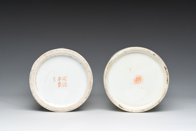 Two Chinese reticulated famille rose and qianjiang cai hat stands with figures in a landscape and floral design, 19th/20th c.