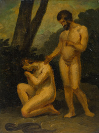 French school, in the manner of Jean Jacques Henner (1829-1905): Adam and Eve in the Garden of Eden, oil on panel, 19th/20th C.
