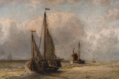 Auguste Musin (1852-1923, &agrave; la mani&egrave;re de): Voiliers amar&eacute;s, huile sur panneau, dat&eacute; 1878, 19&egrave;me si&egrave;cle