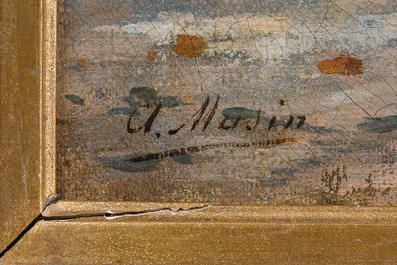 Auguste Musin (1852-1923, in de stijl van): Zeilschepen op zee, olie op doek, 19de/20ste eeuw