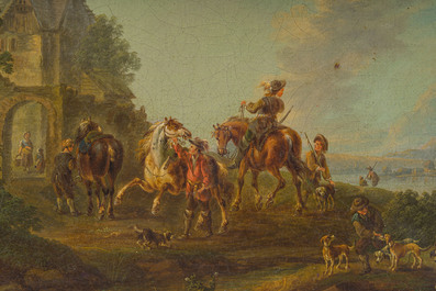 School van de Nederlanden, gemonogrammeerd H.E.: De aankomst van de ruiters bij de stadspoort, olie op doek, laat 18de eeuw