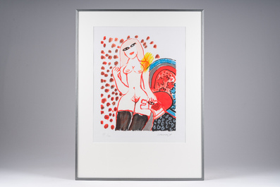 Guillaume Corneille van Beverloo (Corneille, 1922-2010): Dame met hond, kleurenlithografie, ed 78/100, gedateerd (19)75