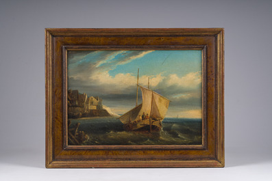 &Eacute;cole belge, monogramm&eacute; (E.P.&nbsp;?): Paire de marines anim&eacute;es, huile sur toile, 19&egrave;me si&egrave;cle