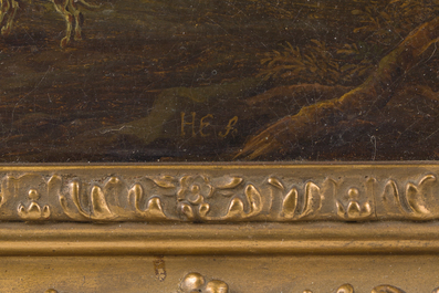 School van de Nederlanden, gemonogrammeerd H.E.: De aankomst van de ruiters bij de stadspoort, olie op doek, laat 18de eeuw