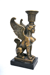 Milo (1955): A pair of bronze 'Retour d'Egypte' candlesticks and a bronze mounted marble ink stand, 19th/20th C.
