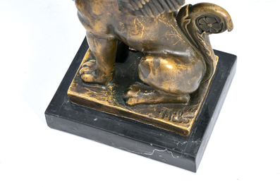Milo (1955): A pair of bronze 'Retour d'Egypte' candlesticks and a bronze mounted marble ink stand, 19th/20th C.